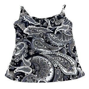 Lands End Tankini Top Women 8 Black Gray Paisley‎ Underwire Bra Drawstring Boho